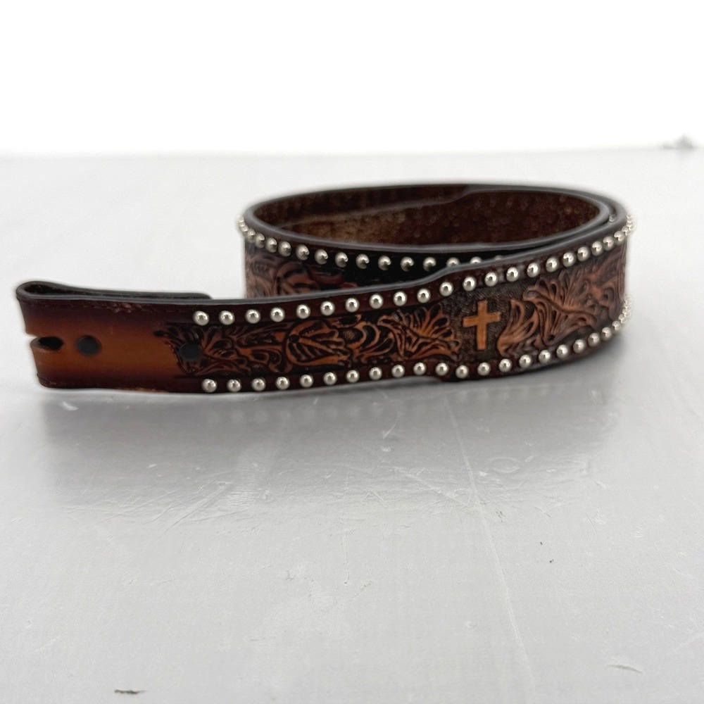Western Mens Brown Tooled Leather Belt Strap Silver Studs Crosses Size 36 2732
